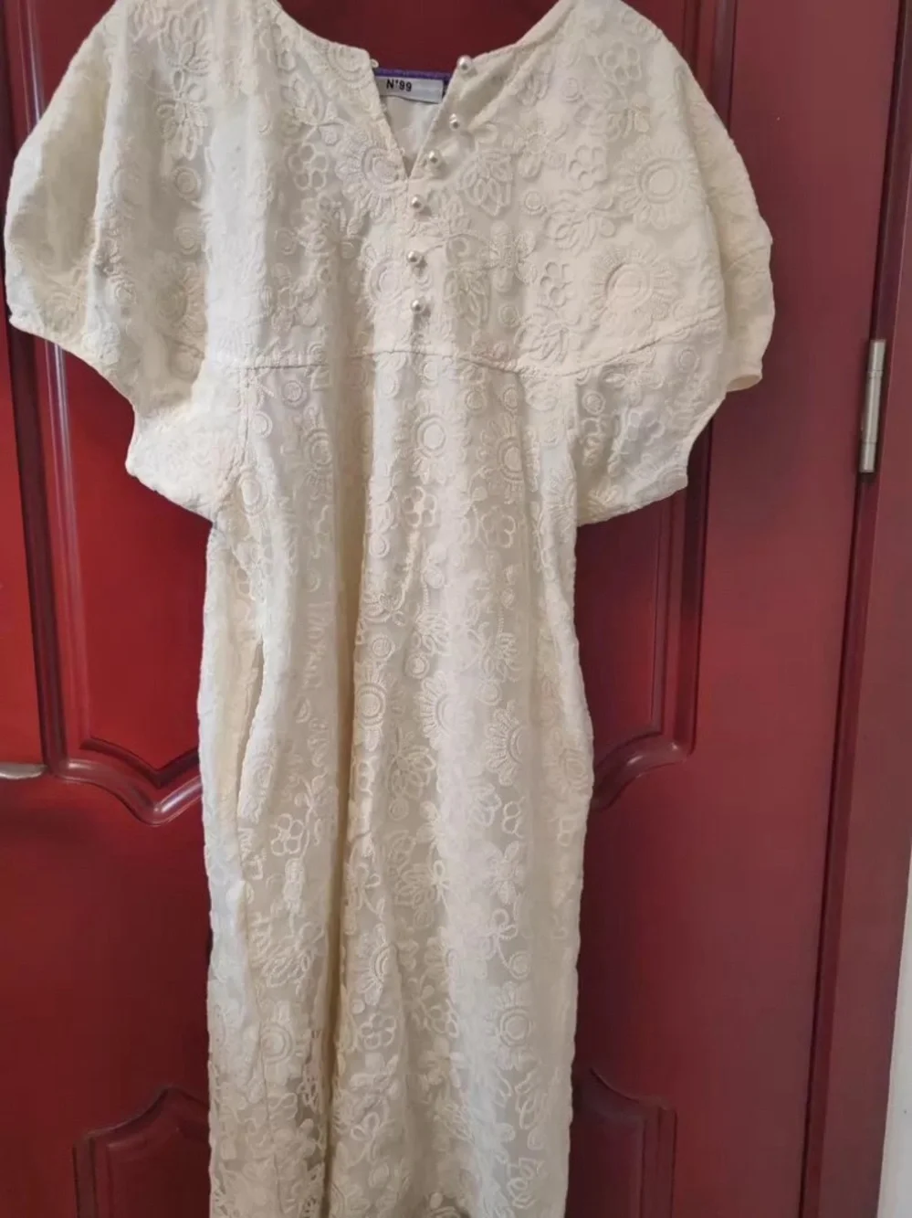 Cream Embroidered Midi Dress with Pearl Buttons - Picture 2 of 3